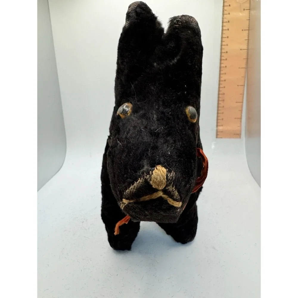 Antique Mohair Scottish Terrier Plush Black Scottie Dog Glass Eyes‎ Vintage 10in